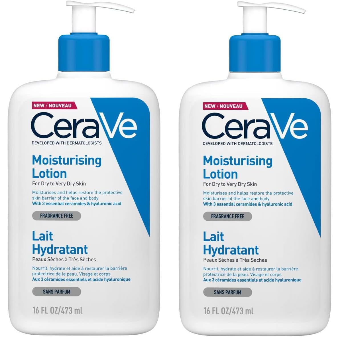 CeraVe Lot de 2 lotions hydratantes – Avec acide hyaluronique et 3 céramides essentielles – Hydratation quotidienne légère pour le visage et le corps, convient aux peaux sèches et sensibles 473 ml x 2