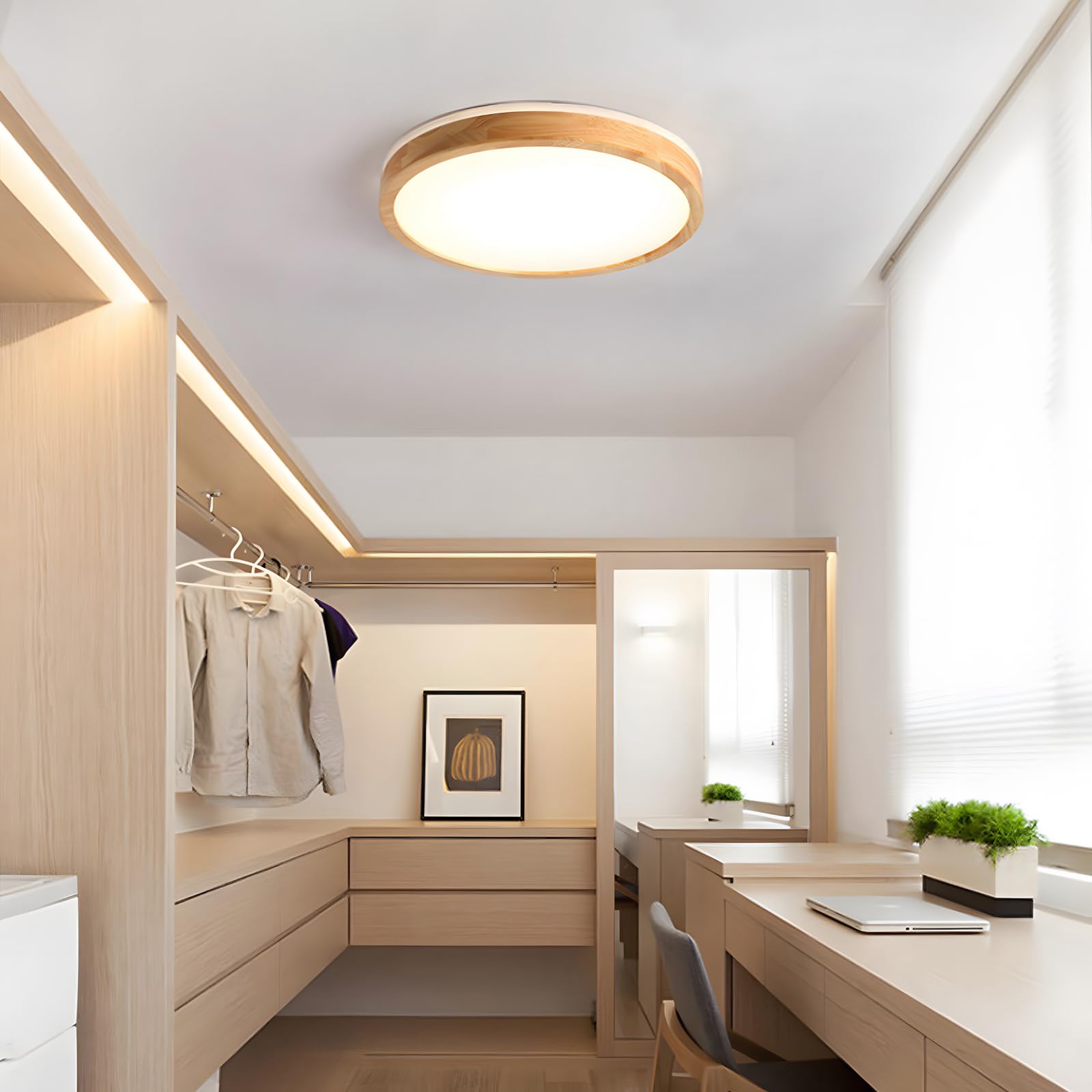 Holz LED Deckenleuchte | Ø40cm 3000-6000K 30W | Runden Oberseite, 360° Leuchtende Natürliche Holzlampe, Schlafzimmer Wohnzimmer Kinderzimmer Küche Esszimmer (Dimmbar Mit Fernbedienung)