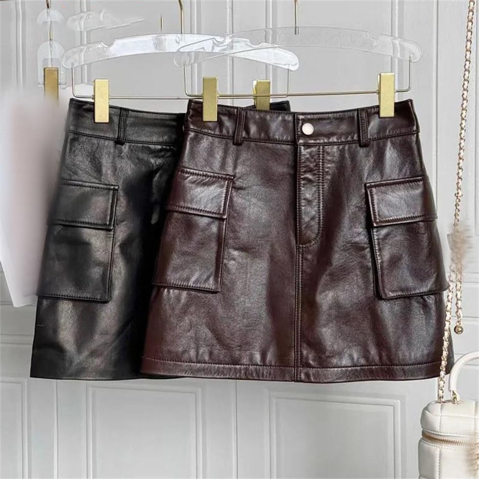Women's High Waist Leather A-Line Skirt with Side Pockets Slim Fit Casual Mini Skirt2