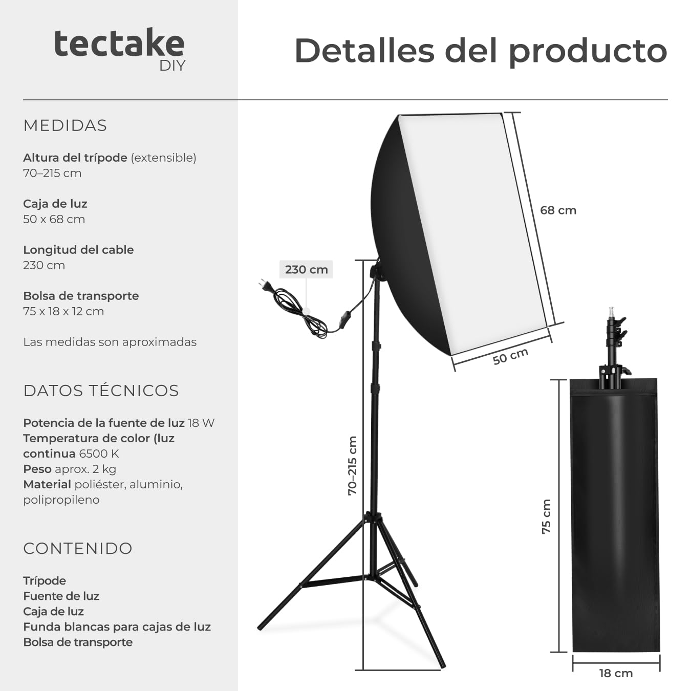 tectake® Kit iluminación Estudio fotográfico, Set de Softbox con Trípode. Iluminacion Fotografia, Foco Luz, Foco de Luz Fotografia, Accesorios para Video y Youtube, Estructura de Aluminio - Softbox