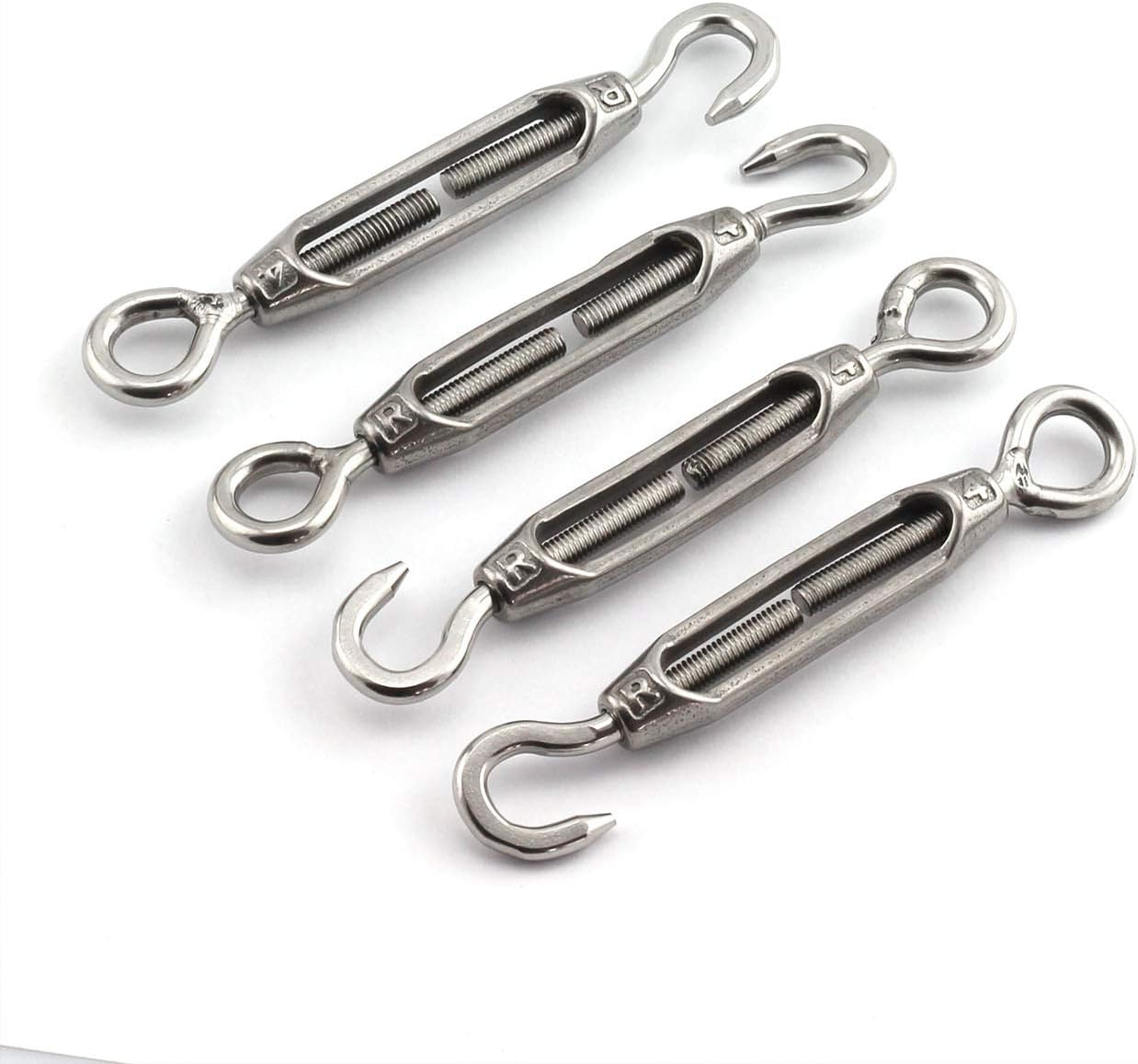 4pcs M4 Turnbuckle Screw Hook to Eye Strainer Fence CO Open Body Draw-in Bolt 304 Stainless Steel Adjustable Wire Rope Tensioner