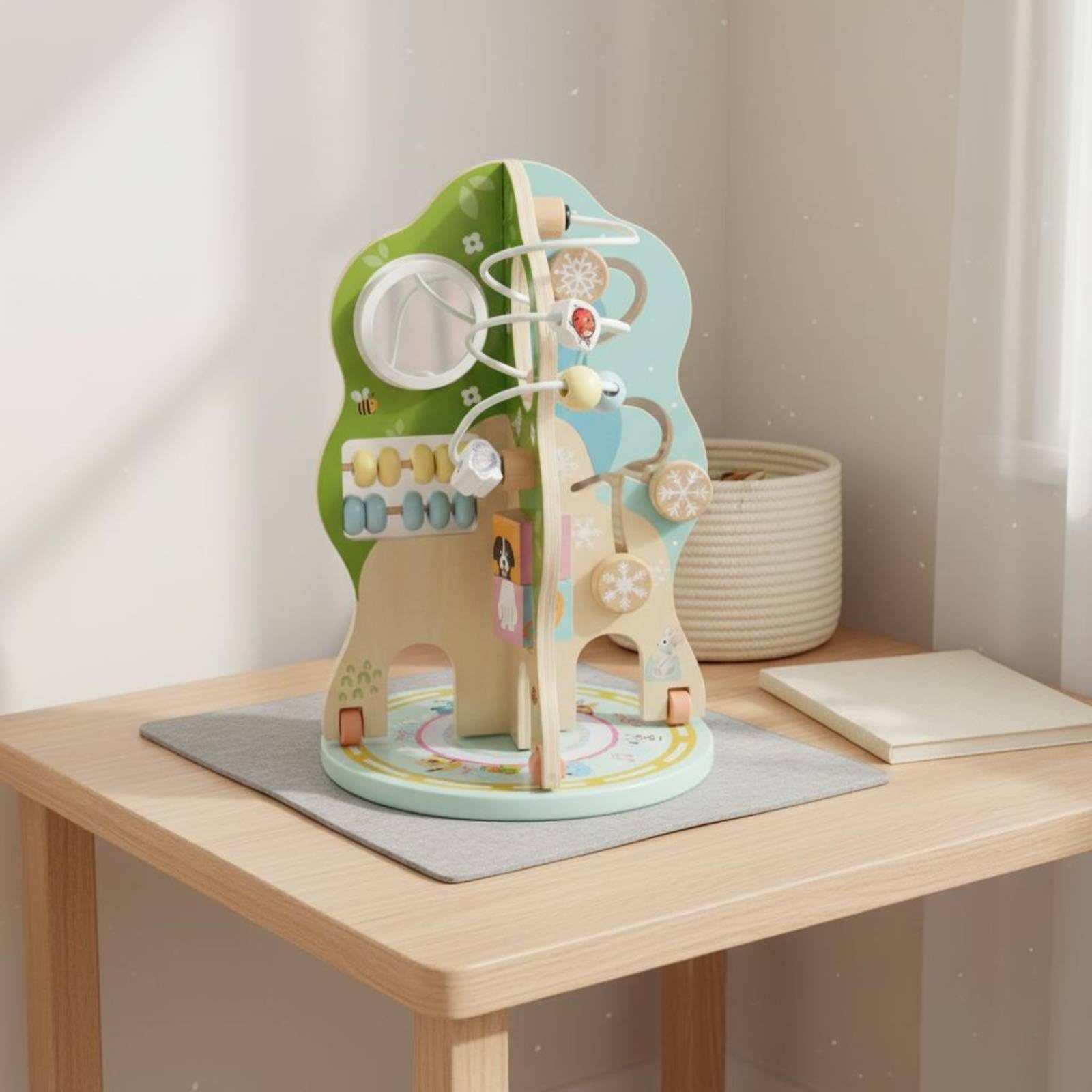 Giocattolo Educativo per Bambini Albero attività Rotante Busy Board Cubo Motricità Perline Torre Interattiva in Legno Stimola Coordinazione E Concentrazione Adatto per Casa Asilo Aula