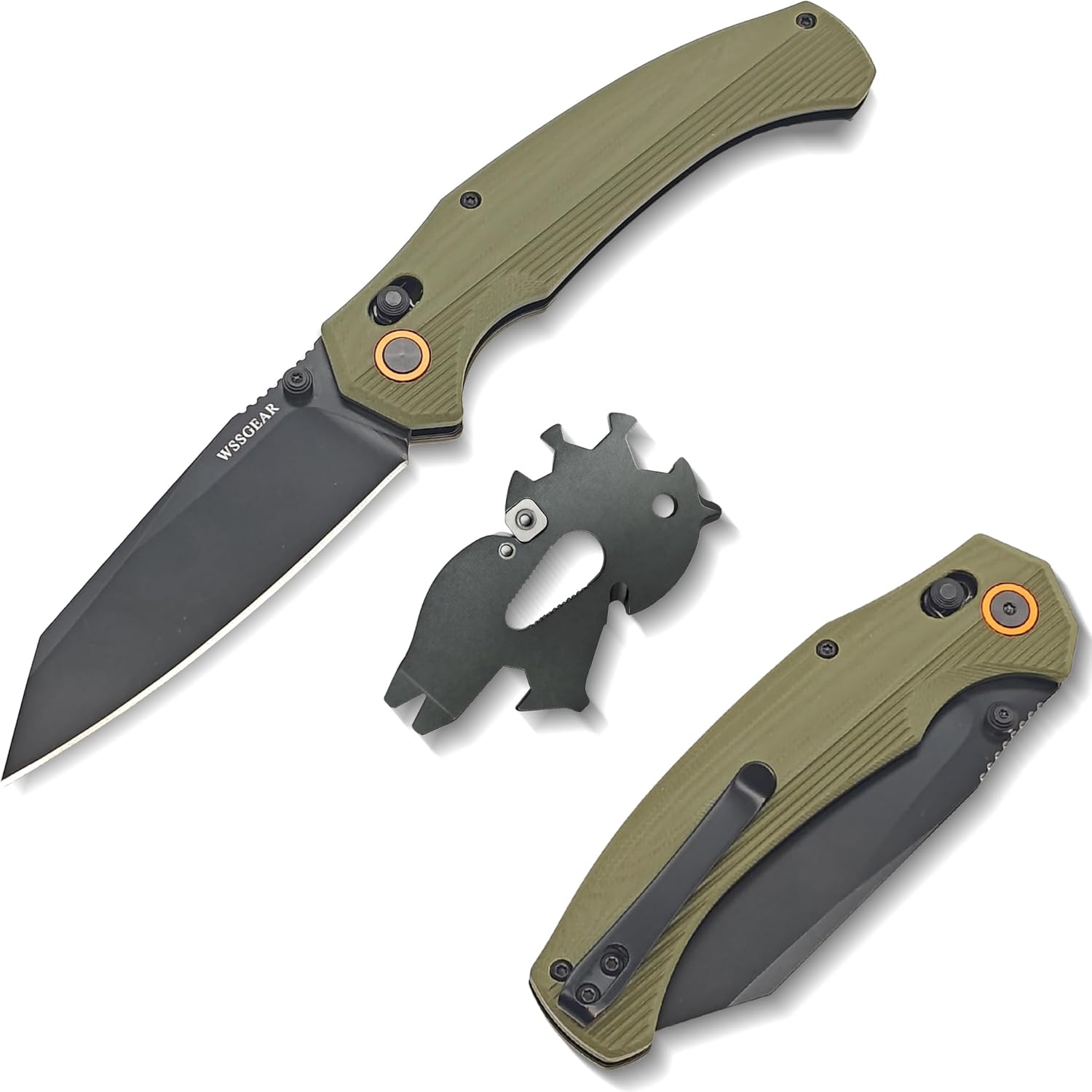 D2 Steel Folding Pocket Knife with Side Lock - 4.72” Military Green G10 Handle, Titanium Coated 90mm Blade, EDC Knife + Bonus Emergency Wire Saw