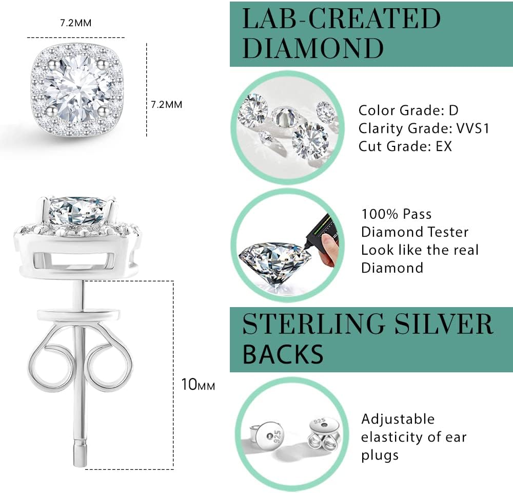 Moissanite Halo Earrings Lab Created Diamond 18K White Gold Plated 925 Sterling Silver Studs for Men Women Jewelry Gifts - Image 4