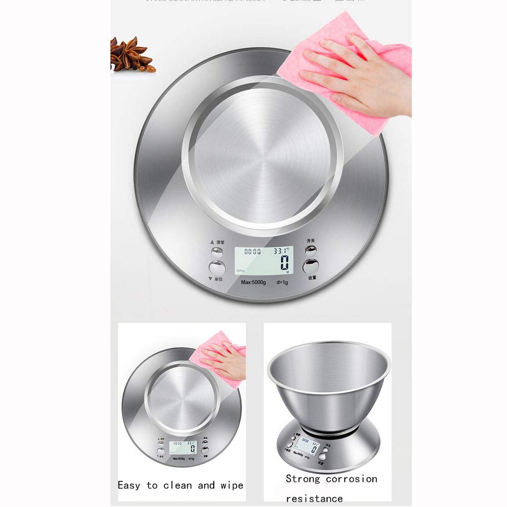 Cyfrowa elektroniczna waga z funkcją tarowania, wyświetlacz LCD ze stali nierdzewnej do gotowania, pieczenia, owoców, warzyw, 5 kg/1 g