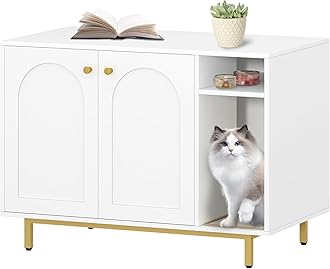 Cat Litter Box Enclosure Enclosed, Hidden Litter Box Cabinet Furniture with Storage, Wooden Indoor Cat House Large, Modern End Table for Living Room Entryway, White and Gold CB84903A