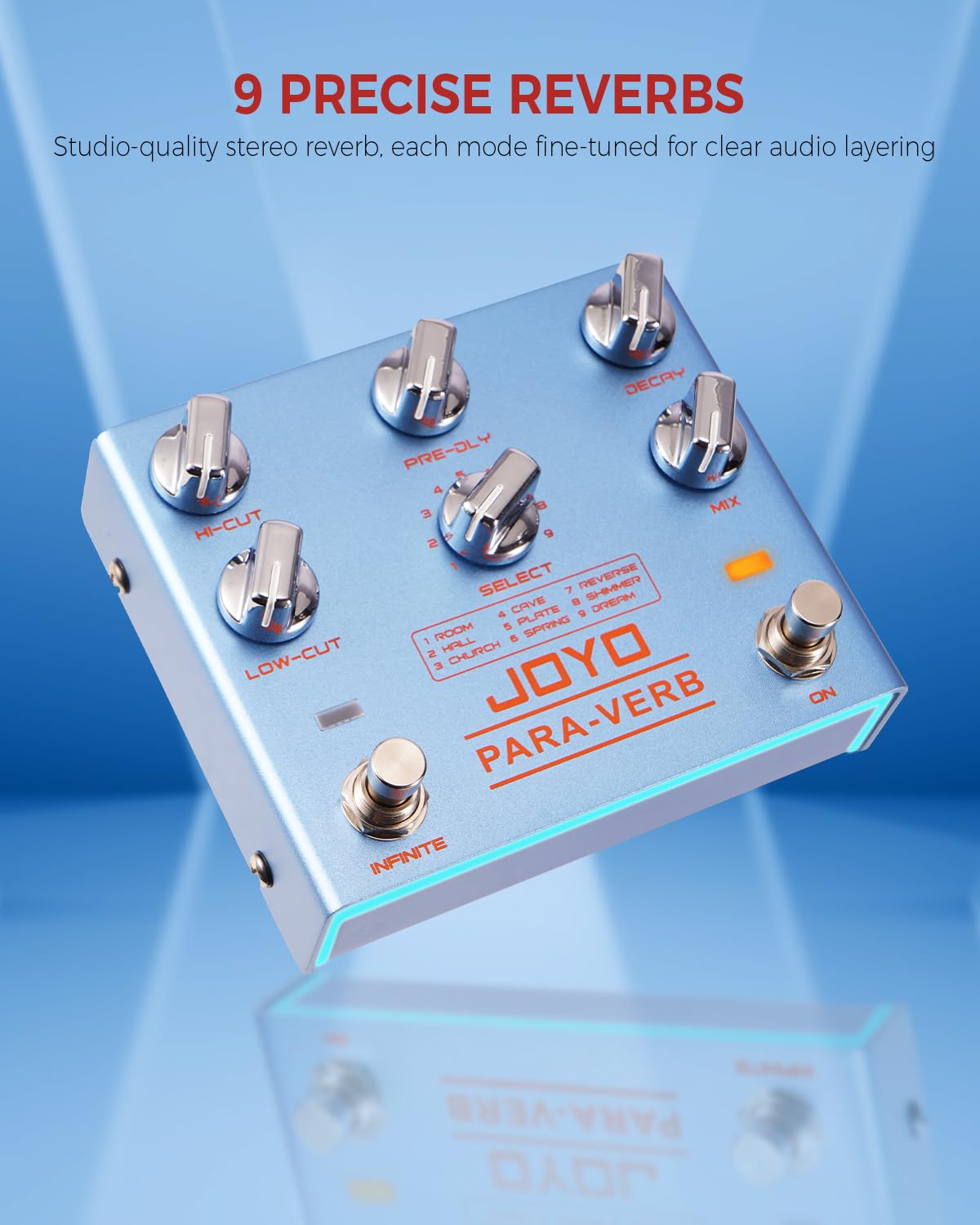 JOYO Reverb Pedal Digital Stereo mit 9 Reverb-Effekten Infinite und Trail für E-Gitarre True Bypass (Para-Verb R-31)