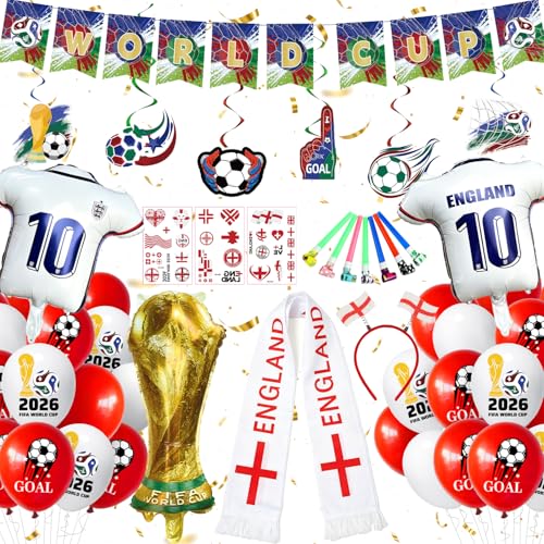 YEJIKJ World Cup Football 2026 Party Decorations England Football Scarf Gold Championship Shape Balloon for Match Bar Club Garden Street Decor