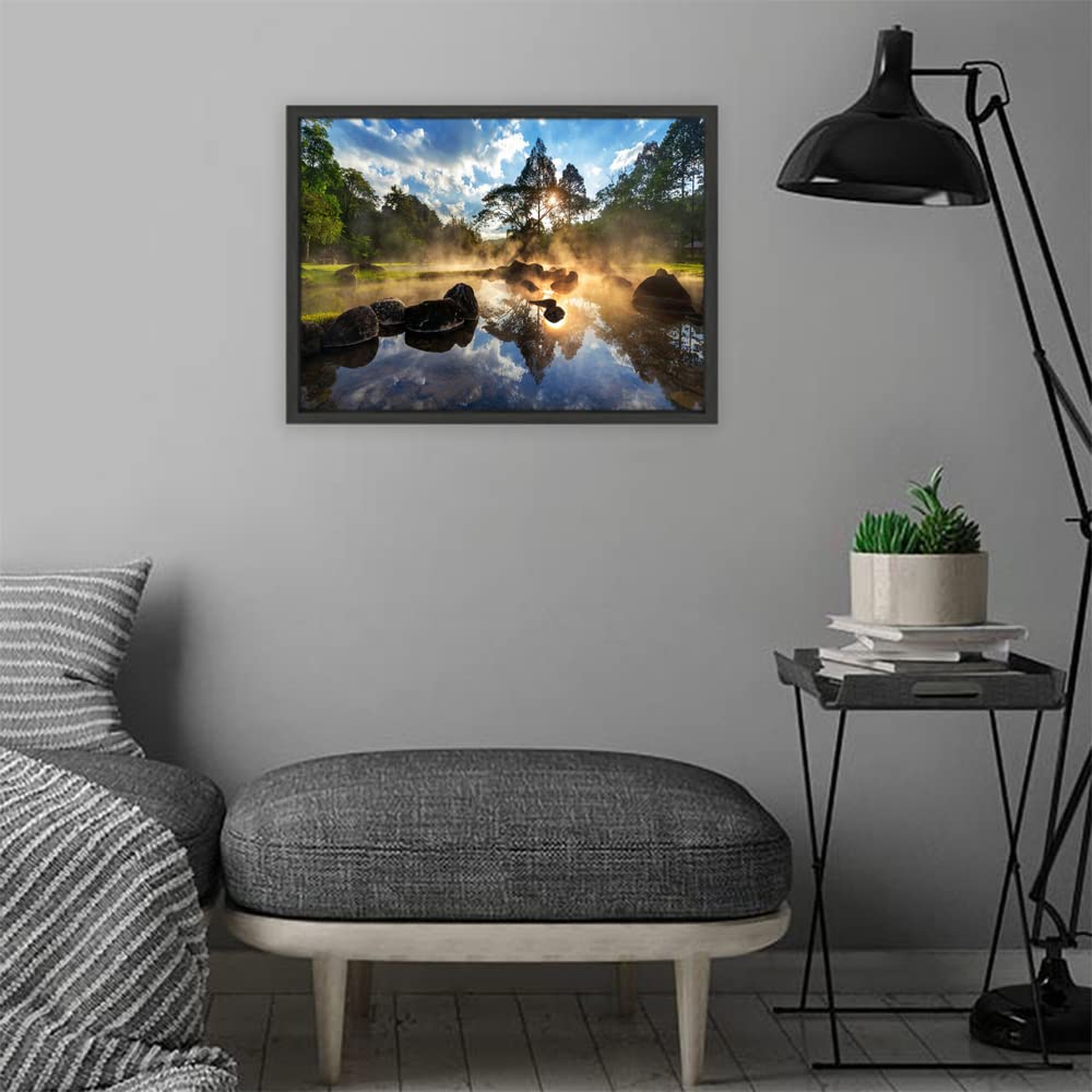 VERRE ART Black Floater Framed Canvas - Wall Decor for Living Room, Bedroom, Office, Hotels, Drawing Room (22in X14in) - Chae Son Hot Spring Park Sunrise
