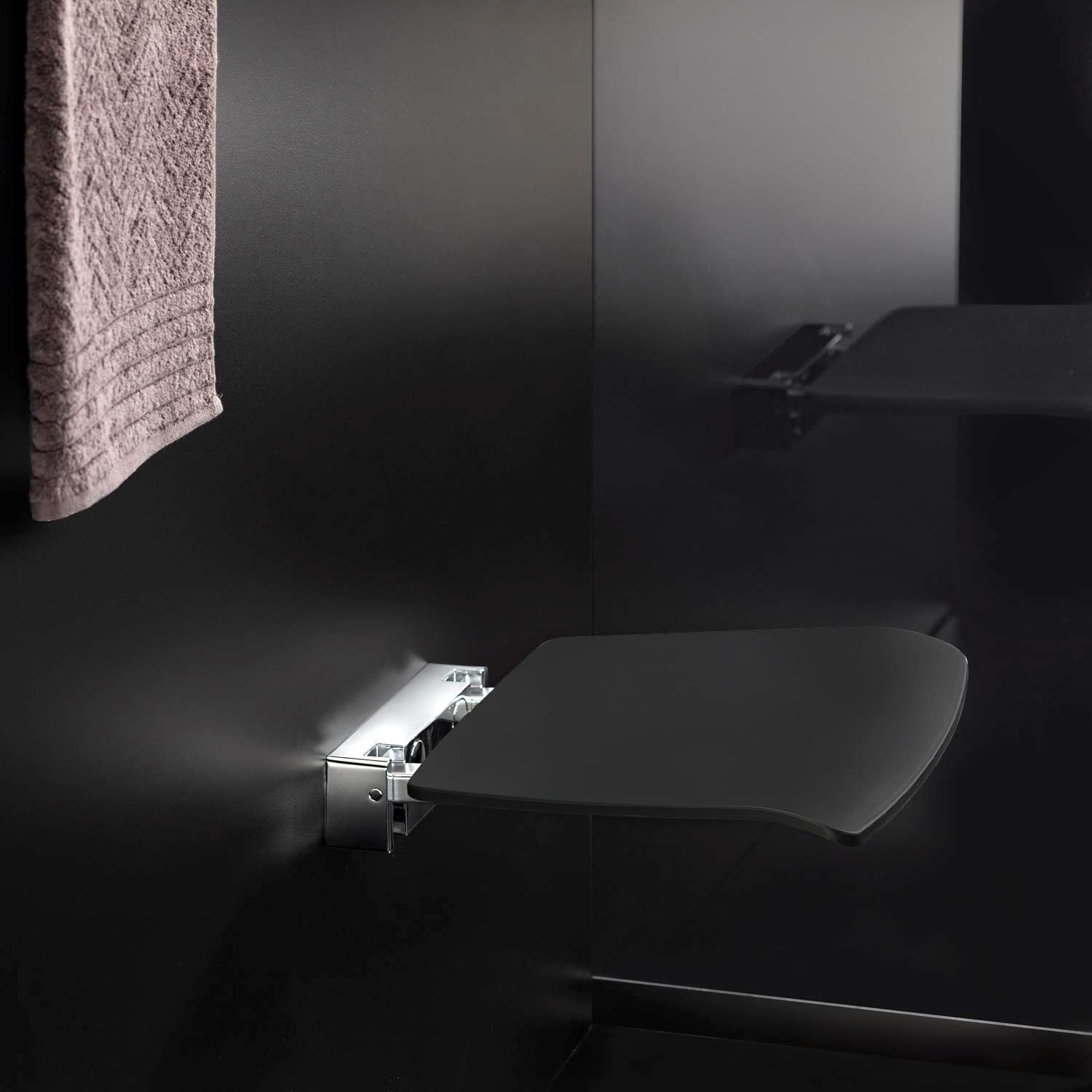 COSMIC - Asiento Ducha Plegable Baño | Acabado Negro | Fácil Instalación con Tornillos | Medidas 37,2 x 37,7 x 6,5 cm