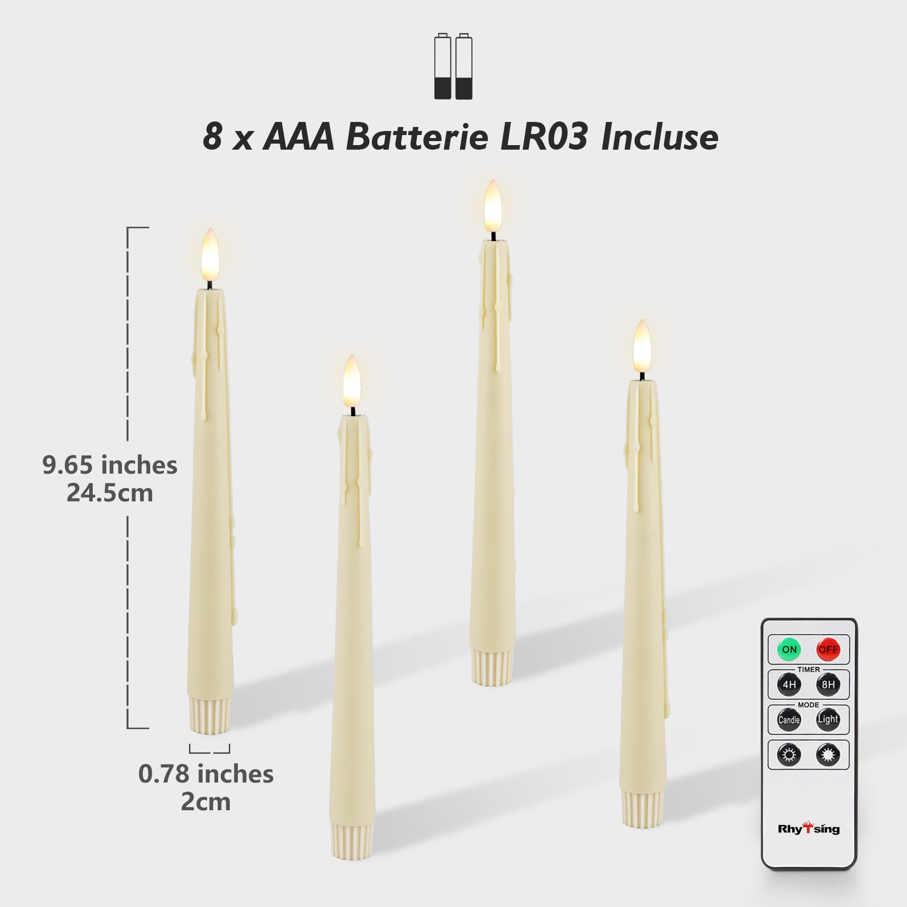 Rhytsing 4 Candele LED con Timer de Design Gocciolante di Cera, Plastica Candele Avorio per Candelabro per Natale, Batterie e Telecomando Inclusi - H 24,5 cm