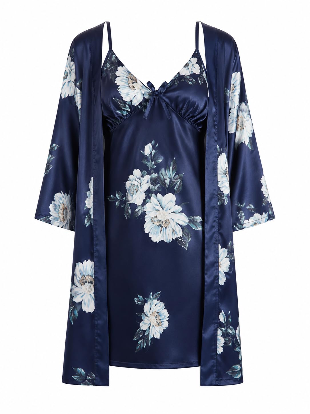 Women's Satin Robe & Slip Dress Set | Floral Black Kimono Robe with Spaghetti Strap Nightdress | Soft Luxury Sleepwear & Loungewear for Women-picture-27