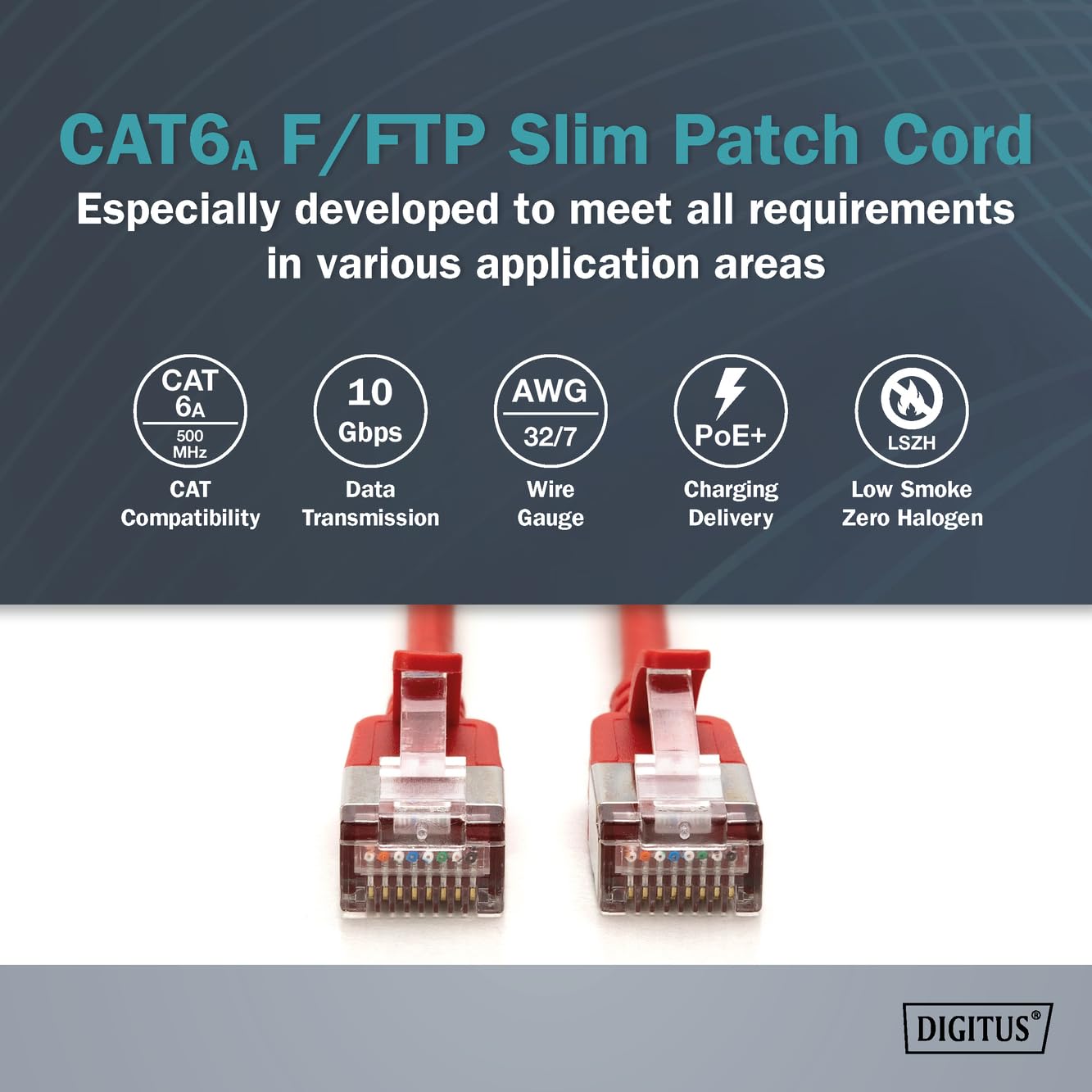 DIGITUS Câble LAN Cat 6A – 5 m – 10 pièces – Slim – F/FTP – Rouge | 10 Gbit/s – Blindé – PoE+ – AWG 32/7 – LSZH – Câble réseau RJ45 – Compatible Cat 6 et Cat 7