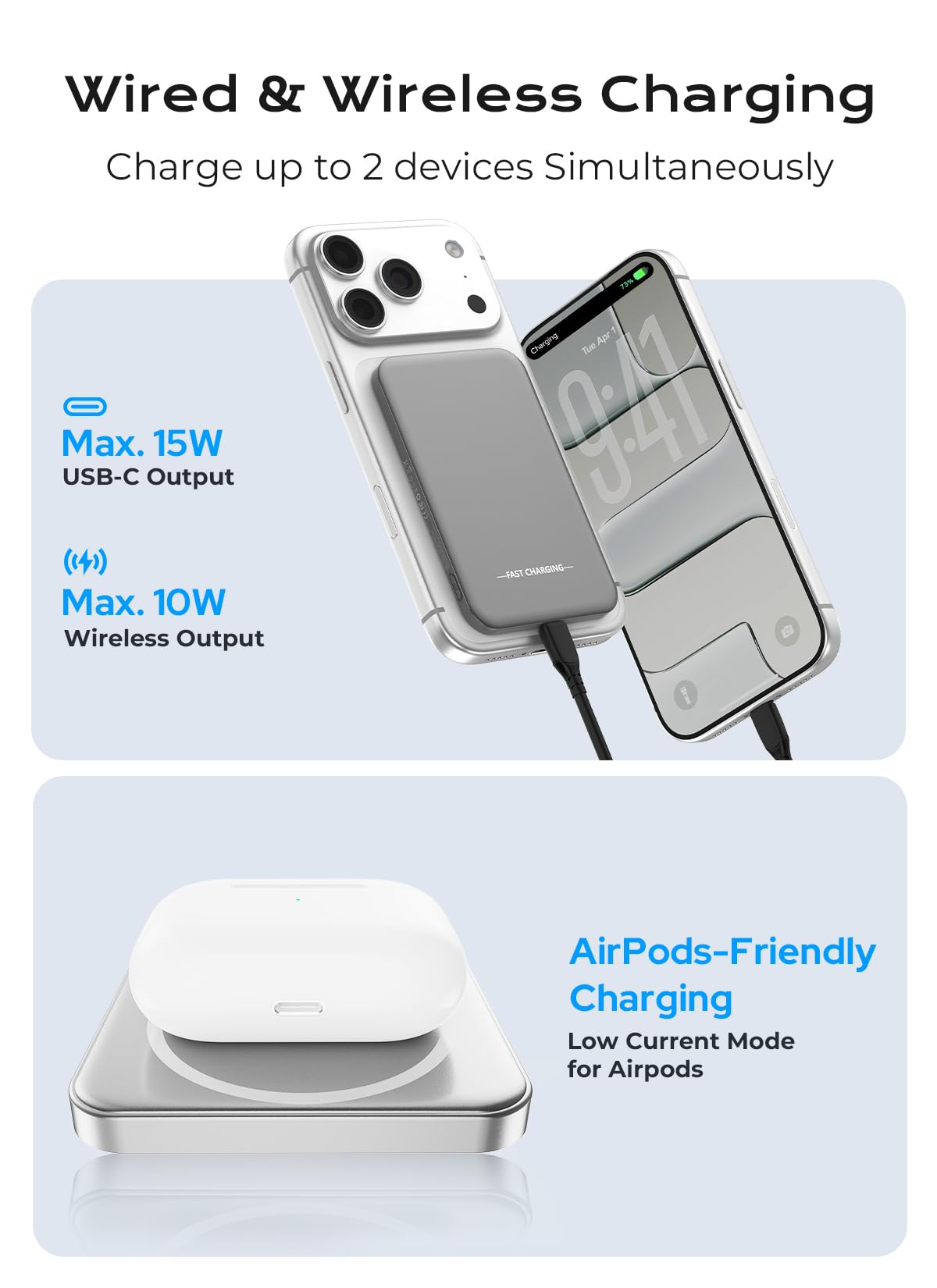 Aobbow Magnetic Portable Charger, 5000mAh Ultra Slim Power Bank, 15W Fast Charging for Magsafe Battery Pack, Travel Essential Wireless Charger Compatible with iPhone 17/16/15 Series - Space Gray - 5