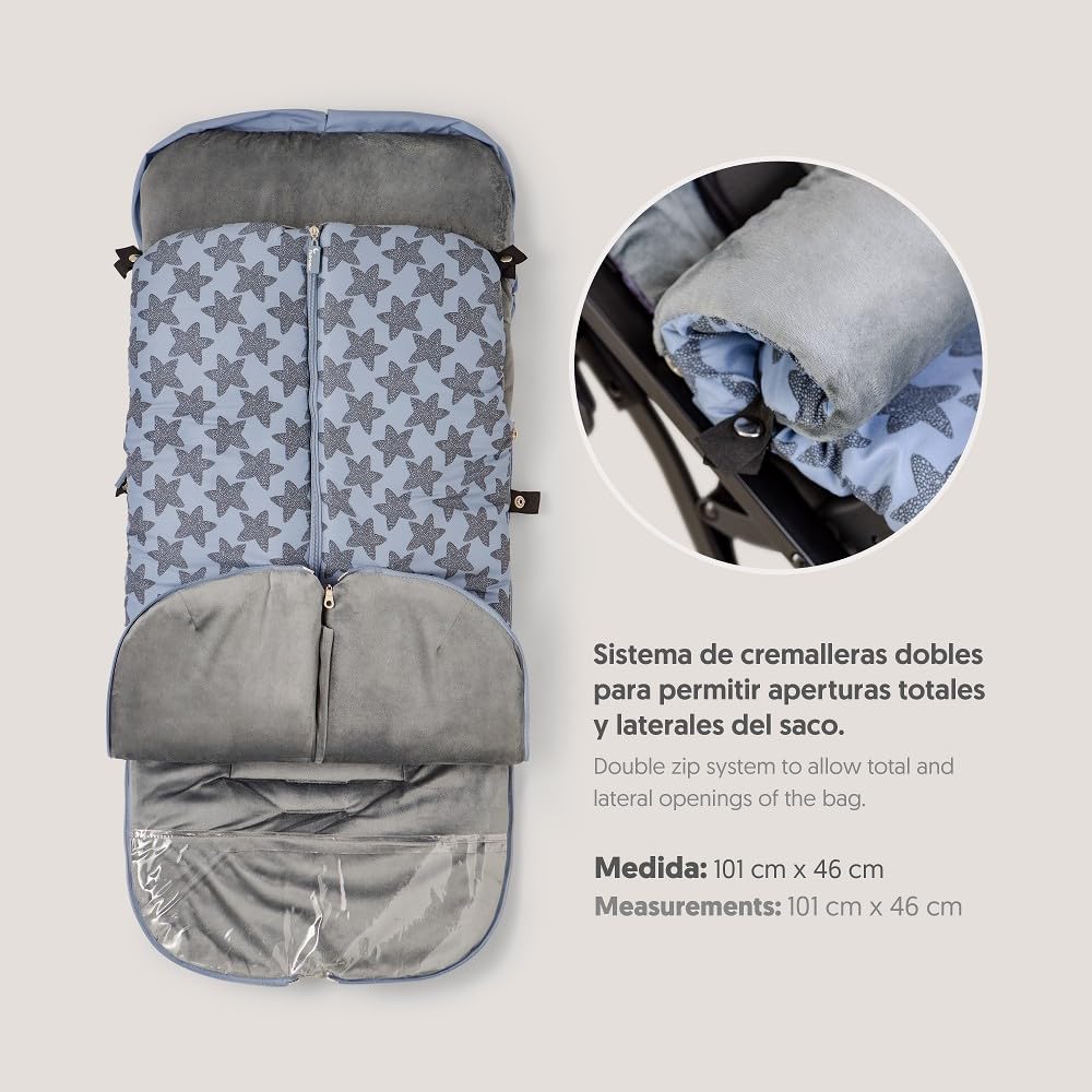 Interbaby Chanceliere Bebe Poussette Couverture Poussette Bebe Hiver, Doux | Sac de Couchage Poussette Bebe Détachable, Double Ouverture, Lavage Facile, Matériaux Antiallergiques, Star Marino Gris