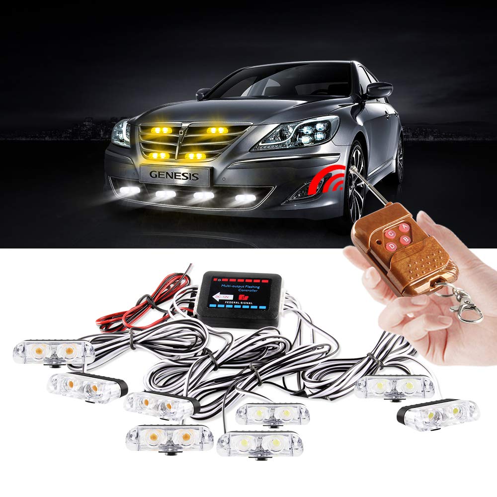 8 en 1 LED luces estroboscópicas emergencia para camión vehículo advertencia intermitente rejilla guía flash DRL policía coche motocicleta DC12V control remoto inalámbrico (amarillo+blanco)