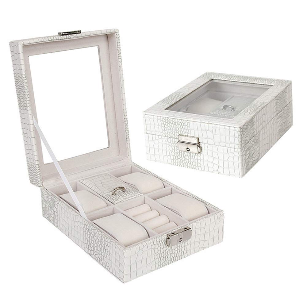 J.Mmiyi Watch Box Jewelry Organizer Display Cases With Leather Framed Glass Lid Elegant Jewelry Holder Boxes Gift With 4 Grid,White