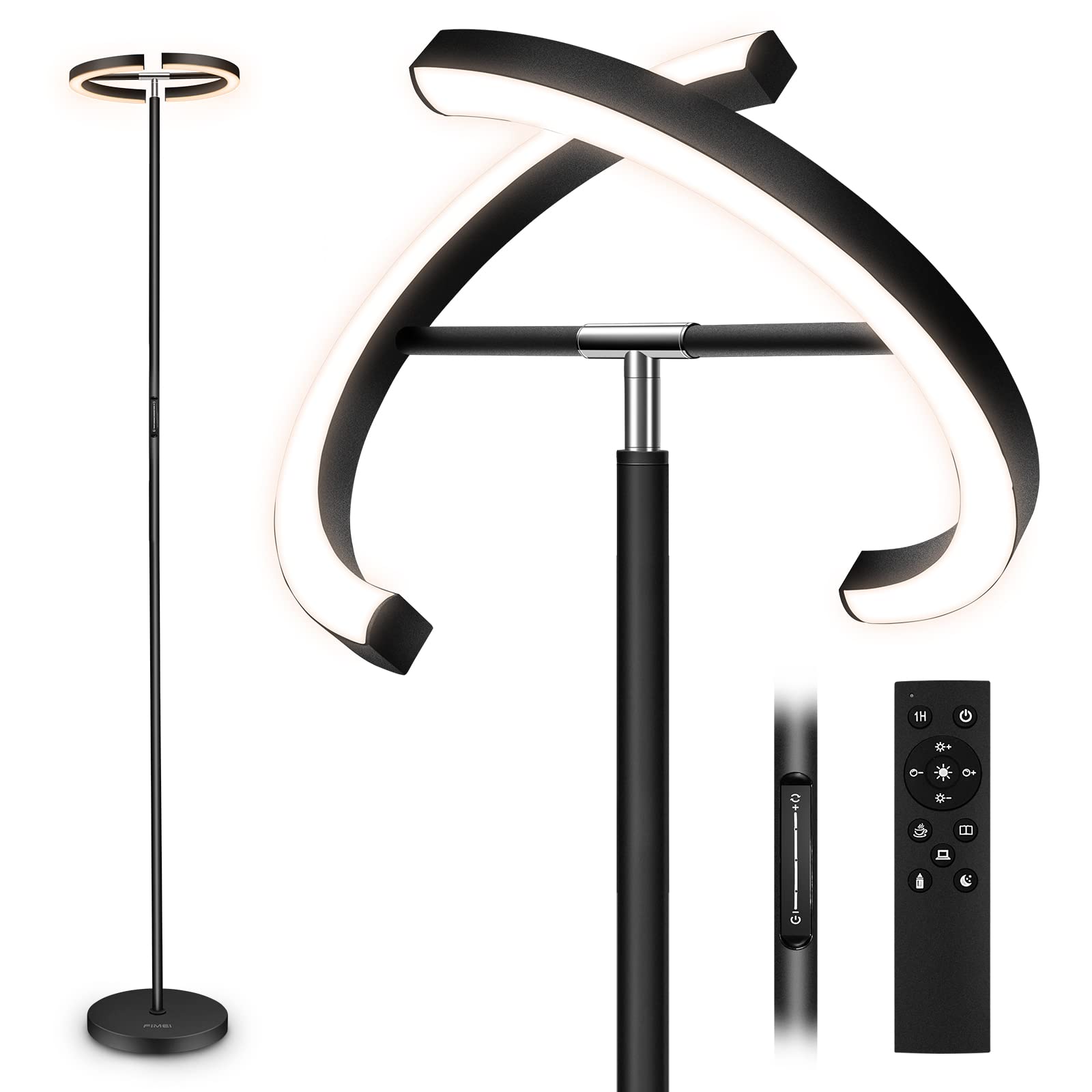 FIMEI Lámpara de Pie, con Control Remoto y Táctil, 3000K-6000K Temperatura de Color & Atenuación Continuas, Moderna Lámpara de Lectura para Sala de Estar, Dormitorio, Oficina (MF19195, Negro)