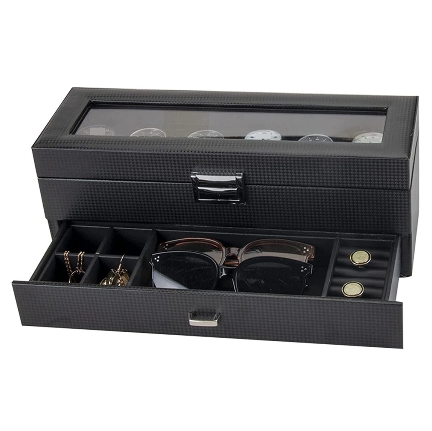 Uhrenbox-Organizer, Uhrengehäuse, PU-Leder, doppellagig, 6 Fächer, Uhrenbox mit Schublade, transparente Oberseite, abschließbare Sonnenbrillen-Aufbewahrungsbox, Uhrenständer, Uhrenbox