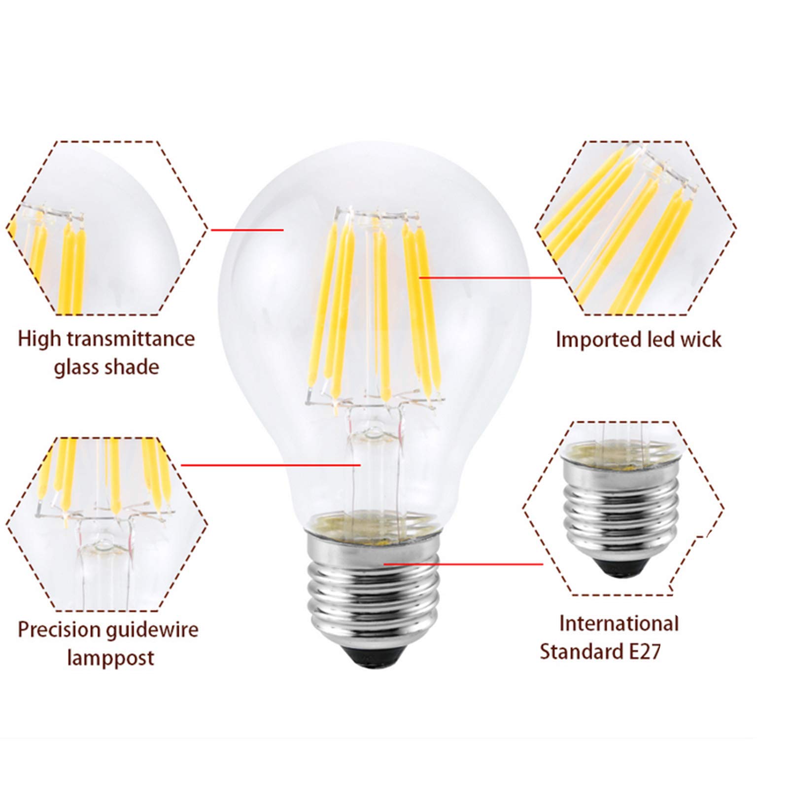 Lampadine a candelabro LED E27 6w G45 Lampadine a filamento LED decorative 360 gradi; Confezione 6 lampadine a risparmio energetico con angolo fascio