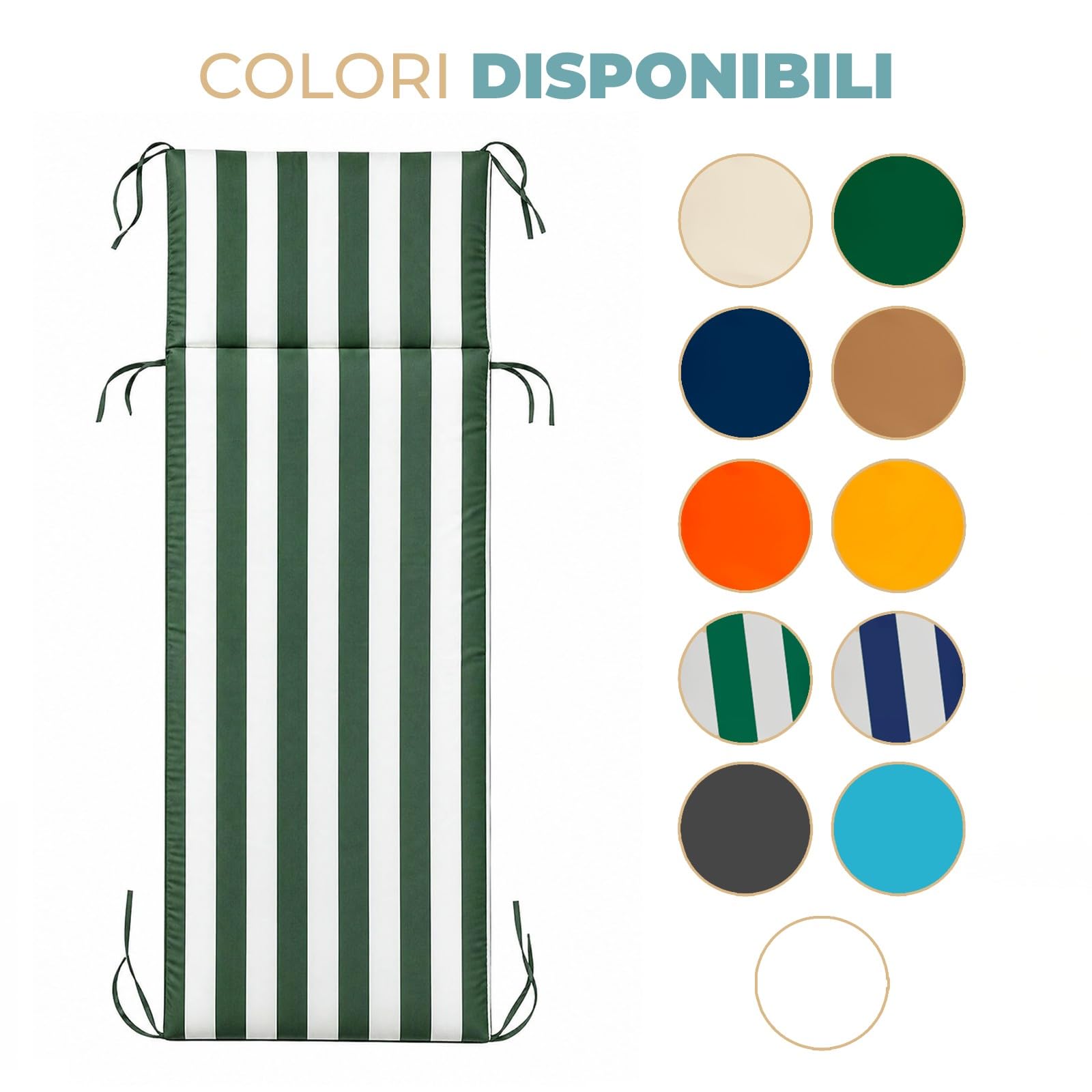 PARAMAISON Cuscino Lettino Prendisole 60x190 cm, Materassino per Lettino Giardino e Piscina, Imbottito 3 cm, con Laccetti Antiscivolo, Universale per Sdraio Esterno |Riga Verde