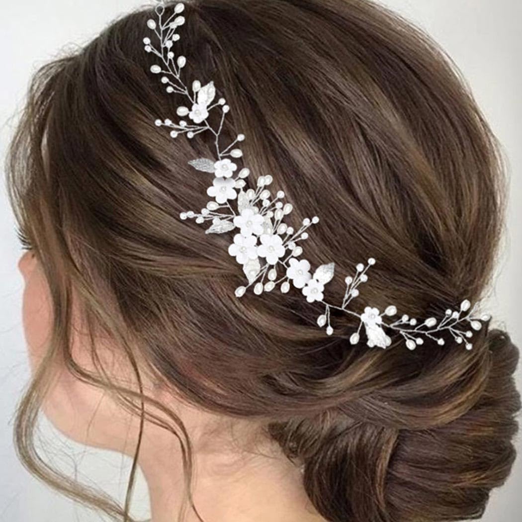Latious Flower Bride Wedding Hair Vine Silver Pearl Bridal Hair Piece Floral Hair Clips Hair Accessories for Women and Girls (12.2Inches)