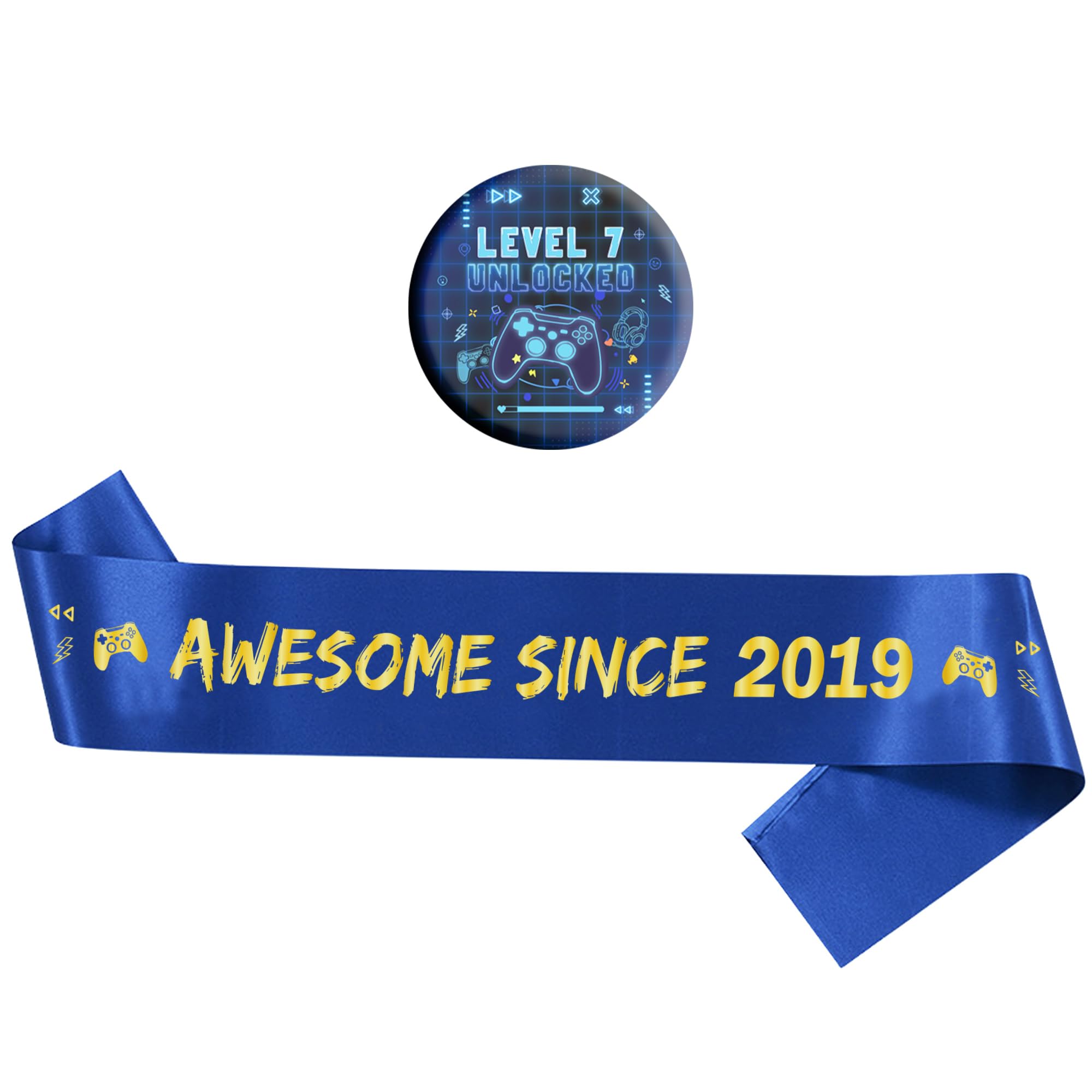 Gaming 7th Birthday Decorations Sash, Boys Level 7 Unlocked Button Badge