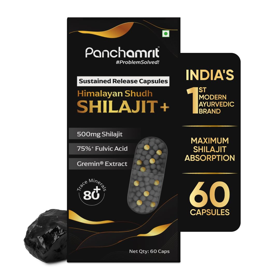Panchamrit Himalayan Shilajit Sustained Release Capsules for Men & Women | 100% Ayurvedic | 500mg Pure Shilajeet Supplement 75% Fulvic Acid & Ginkgo Biloba | Boosts Energy & Stamina | 60 Caps