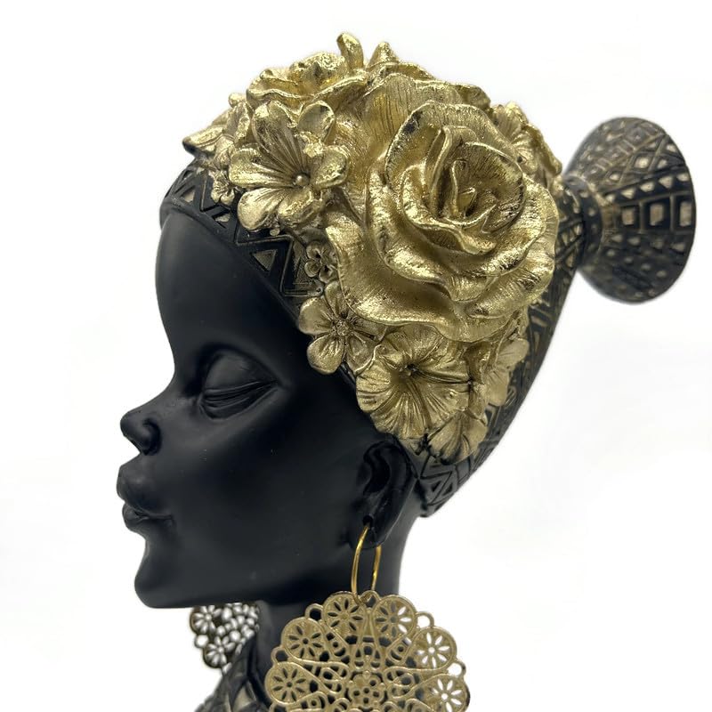 Figura decorativa cabeza mujer africana resina negro y dorado miniatura 2