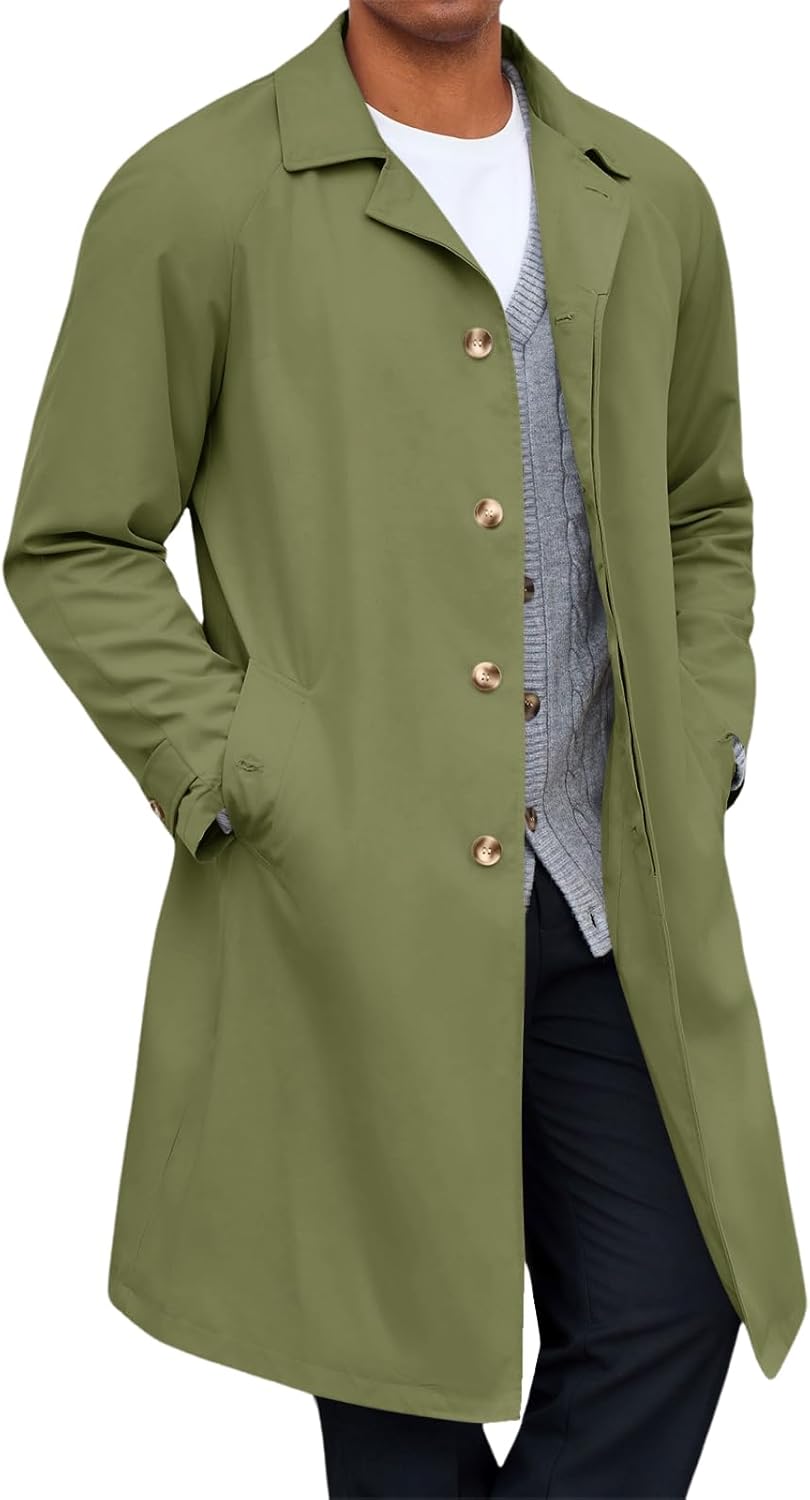 Yousify Mens Trench Coat Single Breasted Casual Slim Fit Windbreaker Lapel Lightweight Long Jacket Overcoat