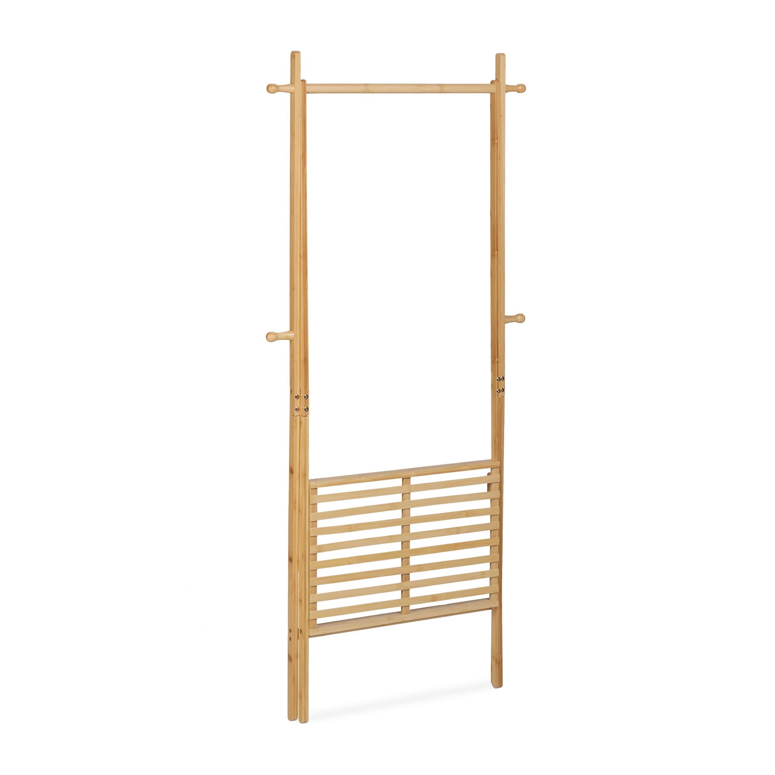 Relaxdays Perchero de Bambú, Plegable, Barra de Colgar Ropa con Estante, 4 Ganchos, 160 x 74 x 42 cm, de Pie, Natural
