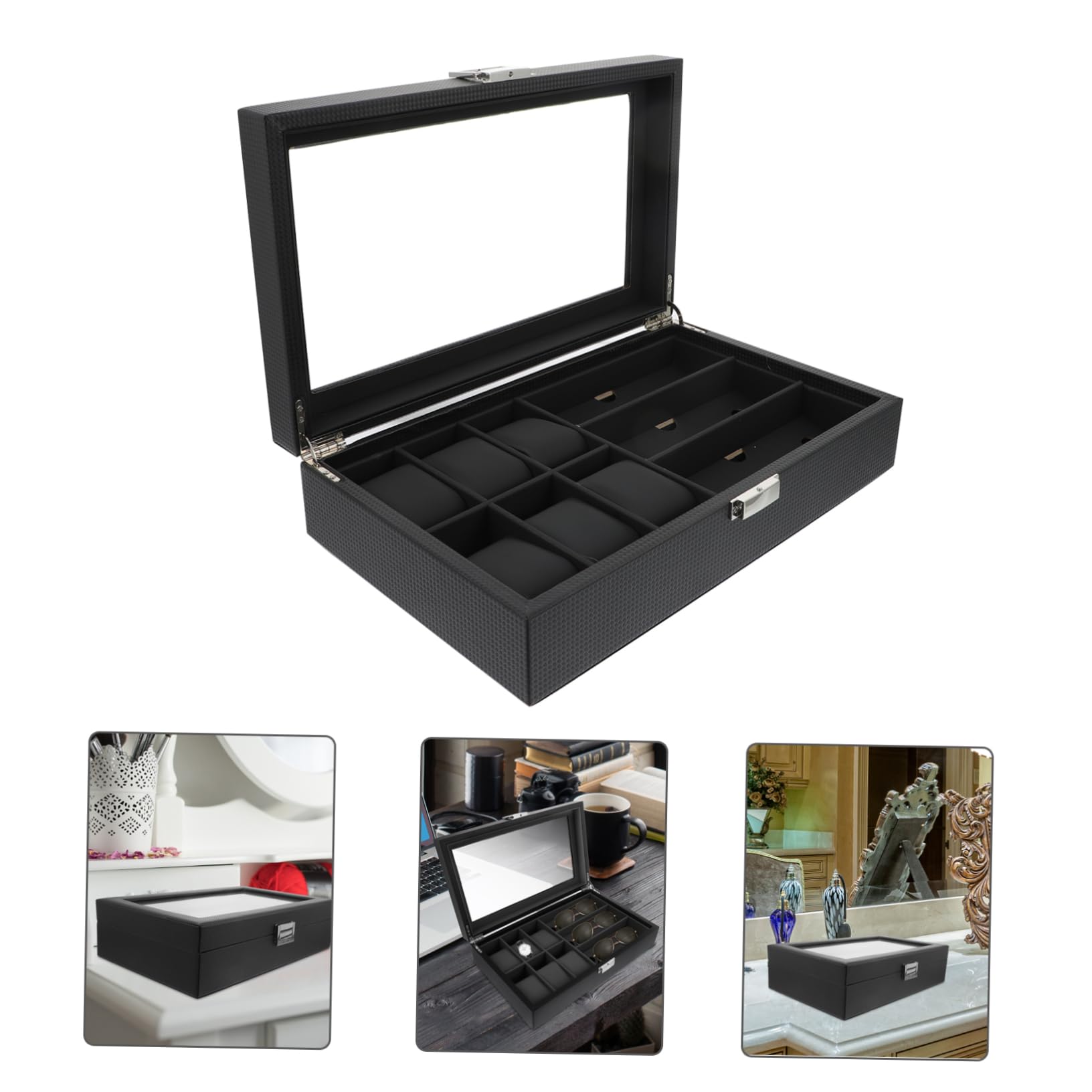FRCOLOR Caja para Relojes Negra de 6 Ranuras y 3 Gafas en PU