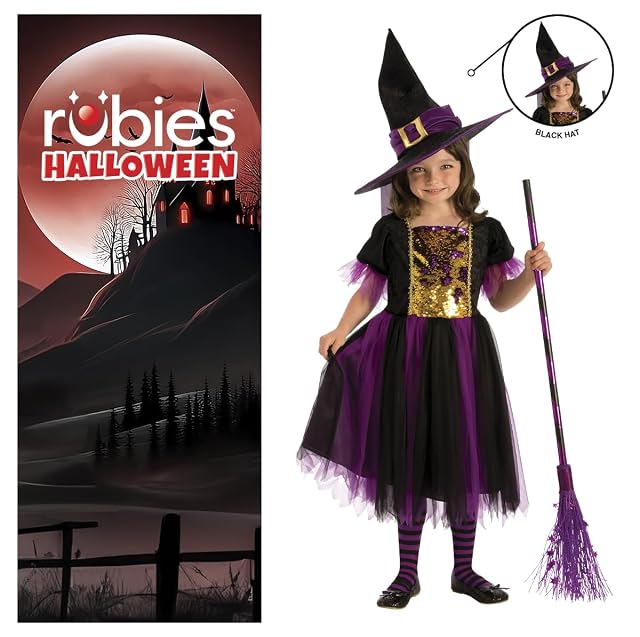 Foto 4 de 5 de Rubies Disfraz Bruja Mágica para niñas, Vestido dorado y morado con sombrero, Oficial Halloween