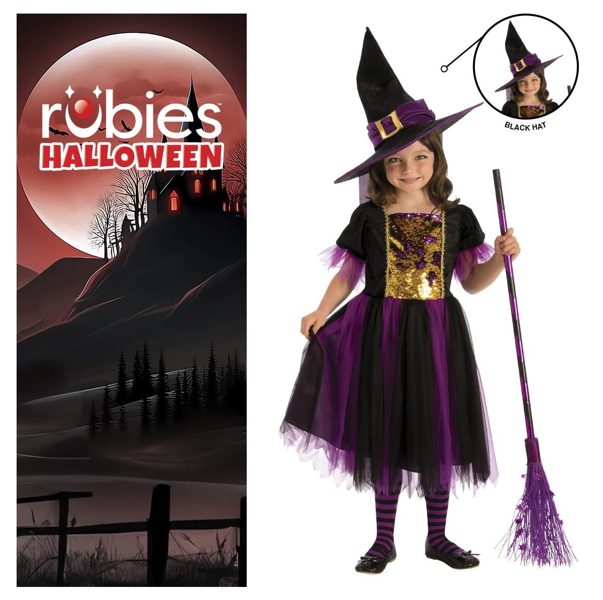 Rubies Costume Strega Magico per bambina, Vestito viola e dorato e capello, Ufficiale, Stregas, Witches per Feste e Cosplay