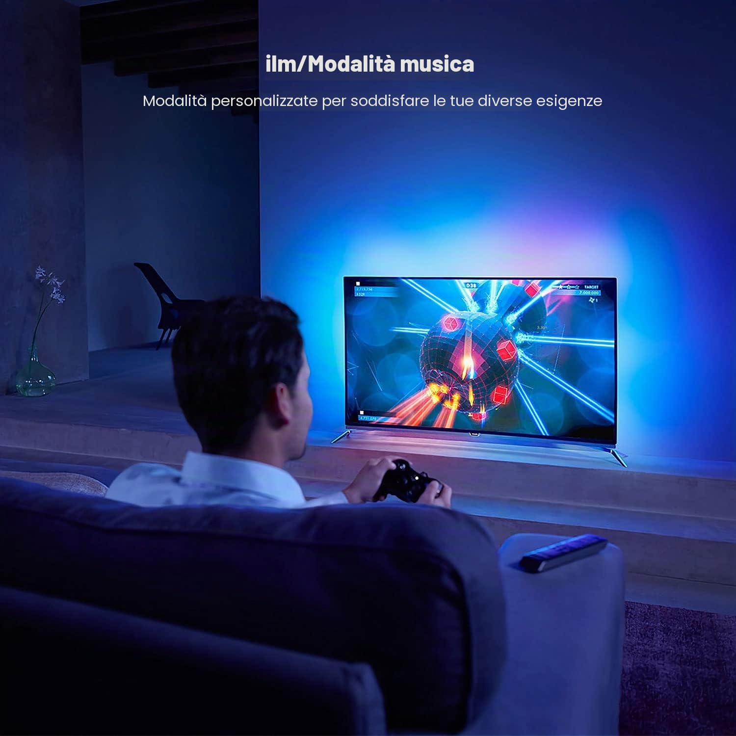 Retroilluminazione TV a LED con scatola di sincronizzazione HDMI per TV da 75-85 pollici, 5 m, RGBIC WiFi, striscia luminosa a LED
