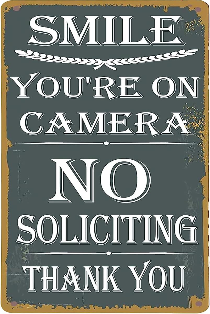 SMAZDFXX Smile You're on Camera No Soliciting Thank You Aluminum Tin Sign Metal Wall Art Decorations Iron Painting for Indoor Outdoor Home Decor Room Door Accessories Poster Housewarming 5.5"x8"