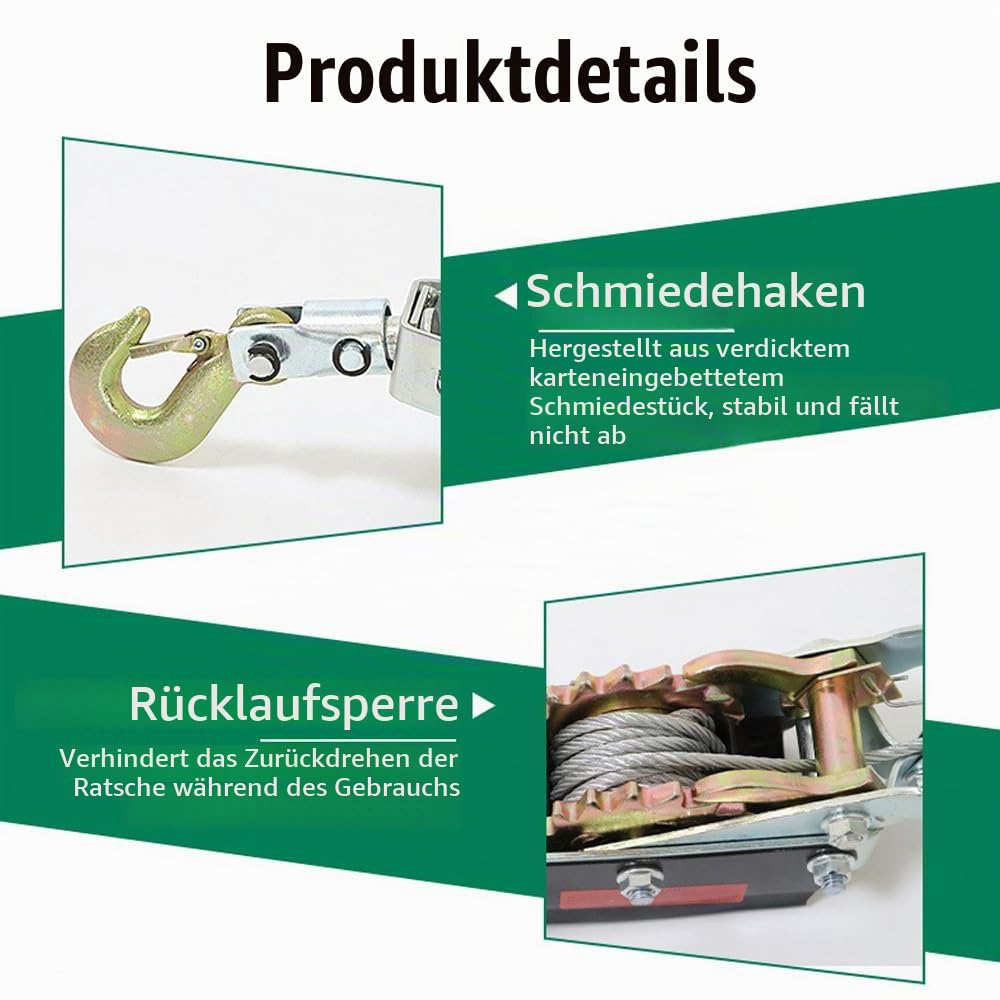 Handseilzug,3 Haken,2 Zahnräder,4 Tonnen/8818 Pfund,Seil Mit 6 Mm Durchmesser,Begleitwinde,Schweres Ratschen-Zugwerkzeug,Zum Bewegen Von Booten,Befestigen Von Gegenständen Und Transportieren Von Holz