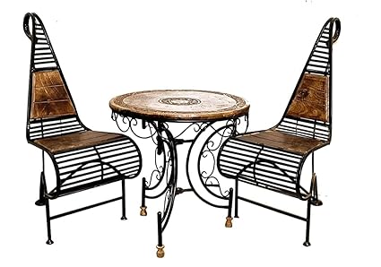 NAAZ HANDICRAFT Wooden and Wrought Iron Outdoor Set | Outdoor Patio Furniture Sets | Patio Chair Set | Garden Patio Seating Chair and Table Set Balcony |(Set of 3)