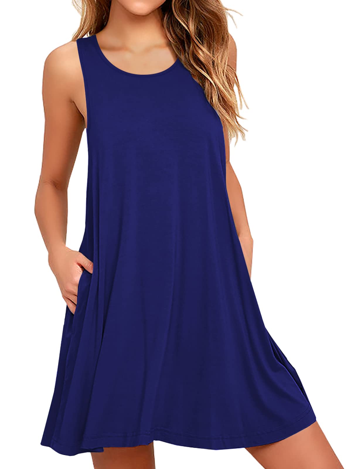 Actcat Strandkleid Damen Sommer Ärmellos Rundhals Leicht Luftig Casual Kleid mit Taschen Lässiges T-Shirt-Kleid