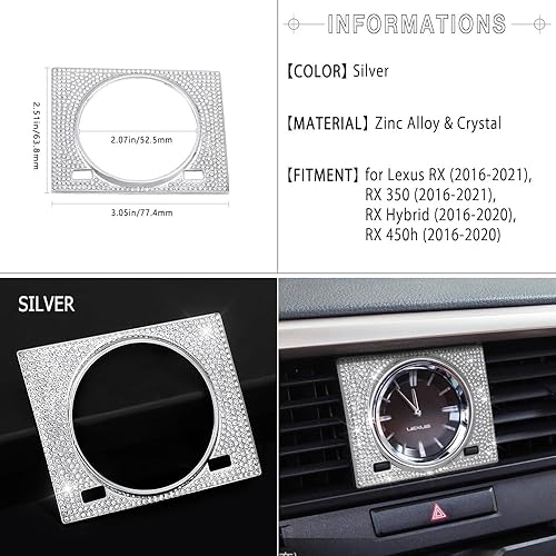 Miniatura 3 de 1797 Bling Car Accessories for Lexus RX 2016-2022 350 450h Hybrid Interior Clock Frame Cover Sticker Trim Cristales Metal Plata