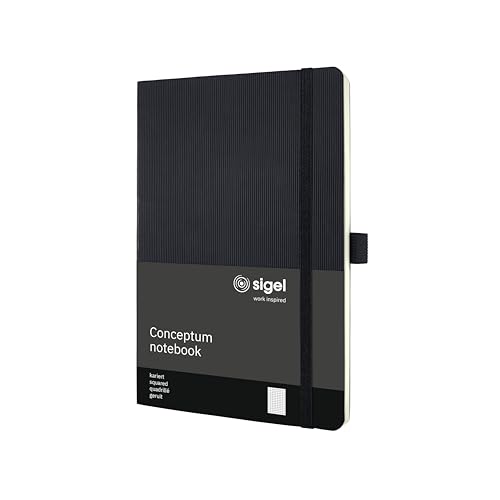 SIGEL CO320 Premium Notizbuch A5 kariert schwarz Softcover 194 nummerierte Seiten nachhaltiges Papier mit Inhaltsverzeichnis Stiftschlaufe Falttasche Gummibandverschluss Conceptum