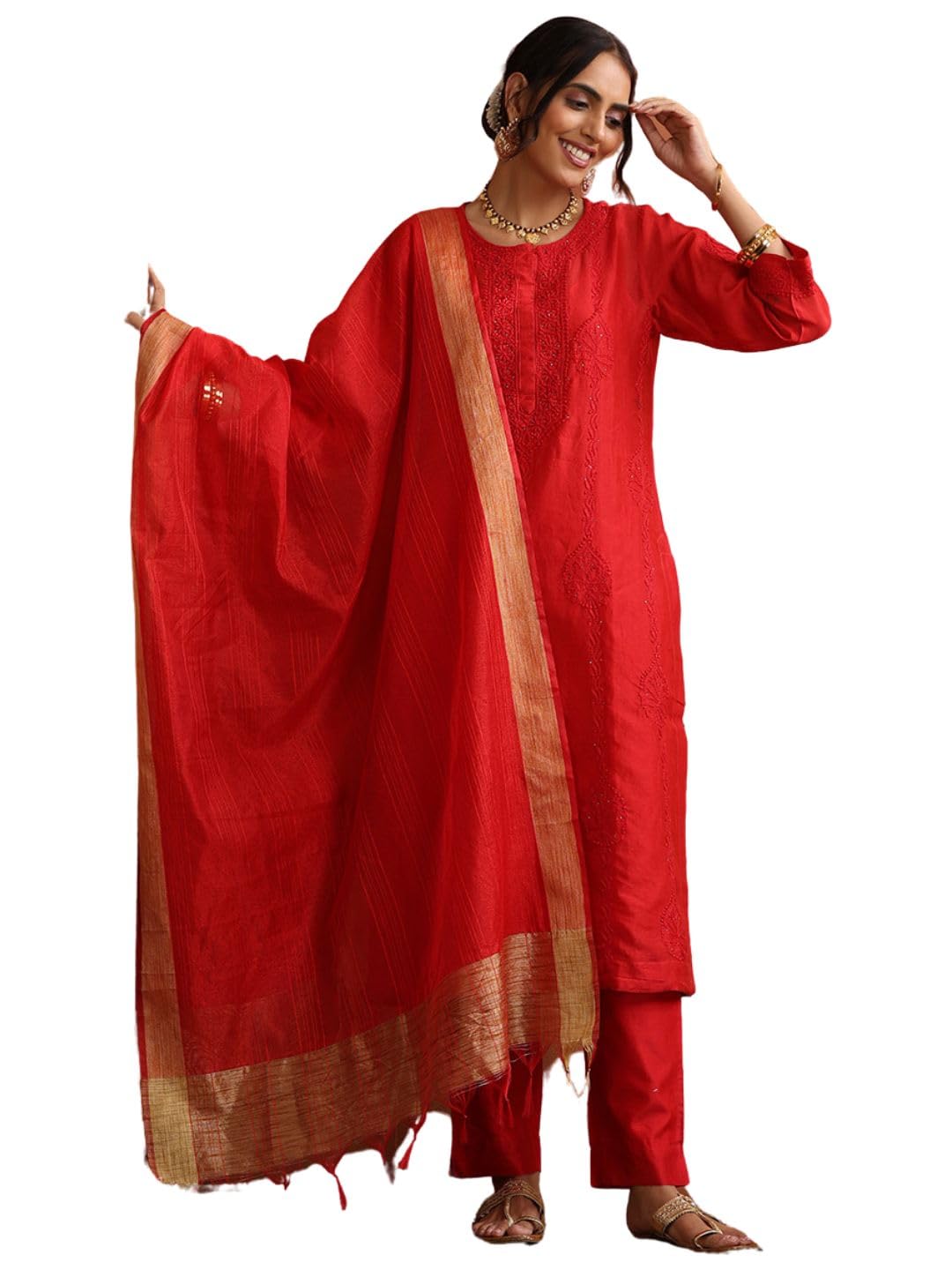 house of chikankari Chanderi Chikankari Solid Women's 4 PC Long Kurta Set with Dupatta - Red-M-picture-11