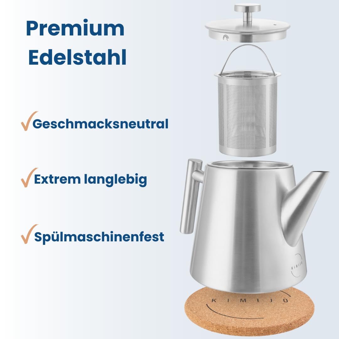 Teekanne mit Siebeinsatz 1 Liter I Edelstahl gebürstet I Warmhalte-Funktion I incl. Korkuntersetzer I Hochwertiger Teebereiter Doppelwandig I Perfekt für losen Tee, Ingwer & Kräuteraufgüsse