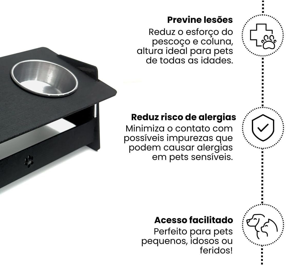 Comedouro Duplo Pet Elevado Mdf Pintado Preto Pote Inox 14cm
