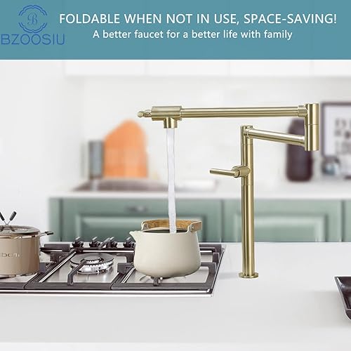 Miniatura 2 de Grifo de llenado de ollas de oro cepillado, montaje en cubierta de latón sin plomo sobre estufa con brazos oscilantes de doble junta