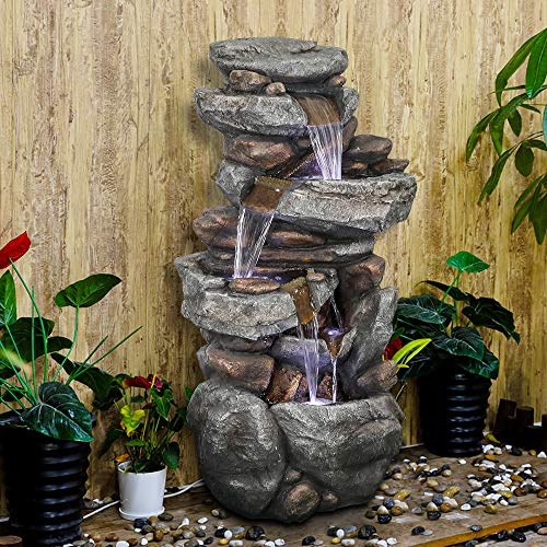 SunJet 5-Tier Outdoor Water Fountain with LED Lights - 40in Rock Water Fountain for Home Garden, Yard, Patio, Deck Decor - Soothing Tranquility Floor-Standing Fountain - Thumbnail 5