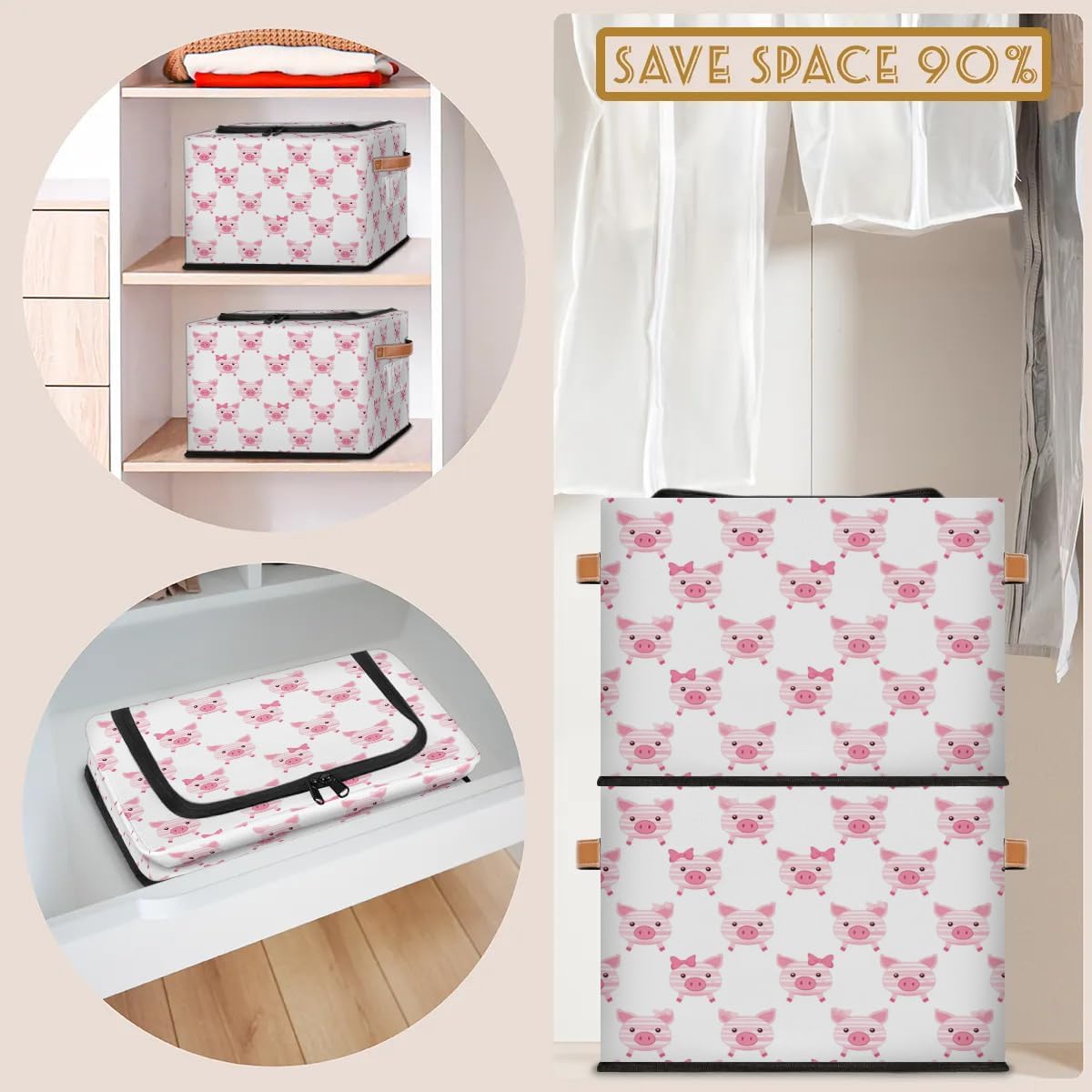Cute Cartoon Pig Storage Box with Lid and Handles Foldable Cloth Storage Basket Bin Bags for Shelves Closet Shelf Toys Clothes Bed Sheets Organizer 2 Pack