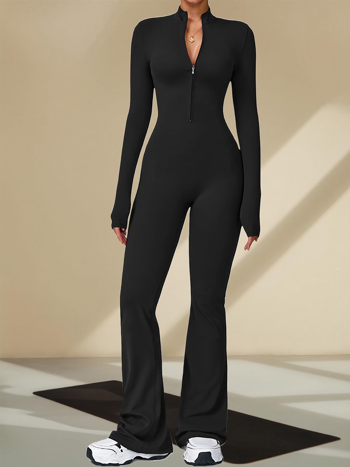 Ecupper Combinaisons de Sport Femme à Manches Longues Jumpsuit Une Pièce Combinaisons Overalls Flare Romper avec Fermeture Éclair