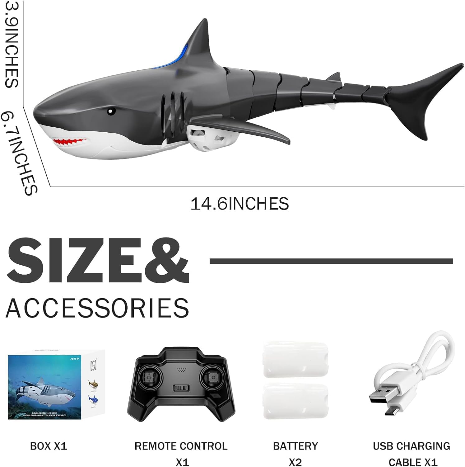 2.4G Remote Control Shark Toy, Remote Control Shark Pool Toys for Kids Age 8-12, High Simulation Lifelike Shark, 2.4Ghz Waterproof RC Boat, Toy Shark with Light for 60 Mins Play, Gift for Boys Girls