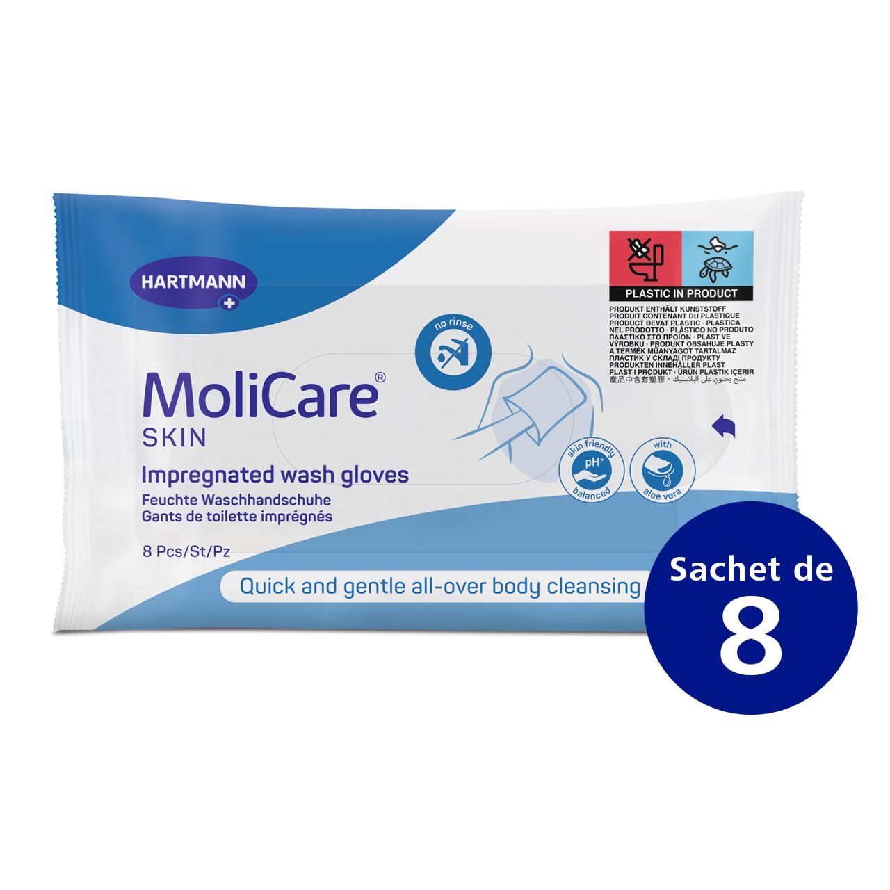 MoliCare Skin - Guantes de baño impregnados para cualquier ocasión, se pueden calentar o refrescar, pH neutro a la piel, bolsa de 8 unidades